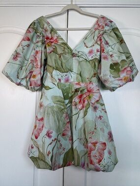 H&M Floral Bubble Hem Mini Dress Balloon Sleeves Sage Green Cottagecore Size Med